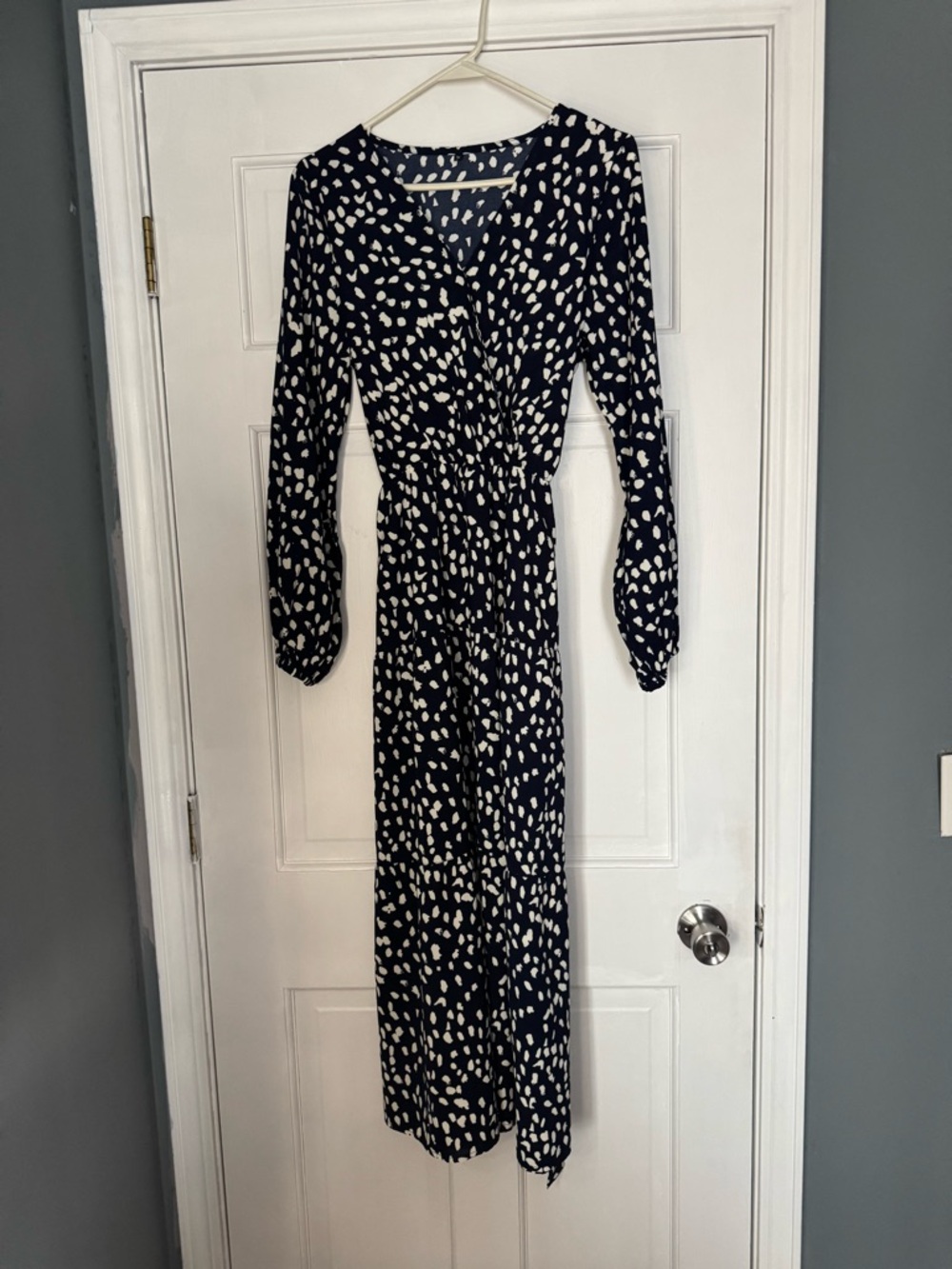 Women's Navy and White Printed Wrap Maxi Dress